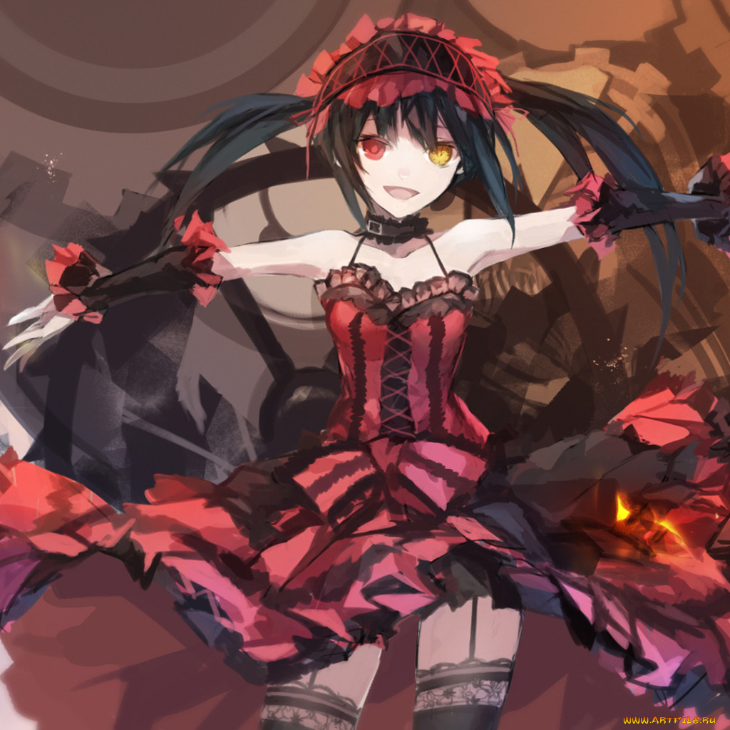 Обои Аниме Date a Live, обои для рабочего стола, фотографии аниме, date a  live, tokisaki, kurumi, swd3e2, девушка, платье, чепец, повязка, чулки, часы,  огонь Обои для рабочего стола, скачать обои картинки заставки